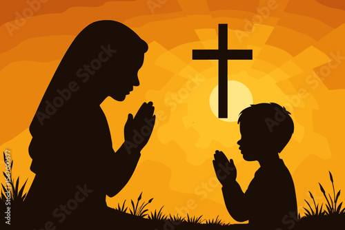 Silhouette of mother and son praying together at sunset with cross, Christian family faith, religious devotion, spirituality, worship, hope, unity, parent and child prayer, sunrise background
