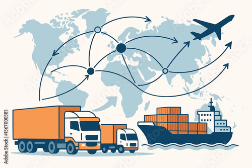 Global logistics network distribution growth. Cargo container ship, freight trucks, airplane. Worldwide shipping, transportation, supply chain, export import, delivery service. Vector illustration map