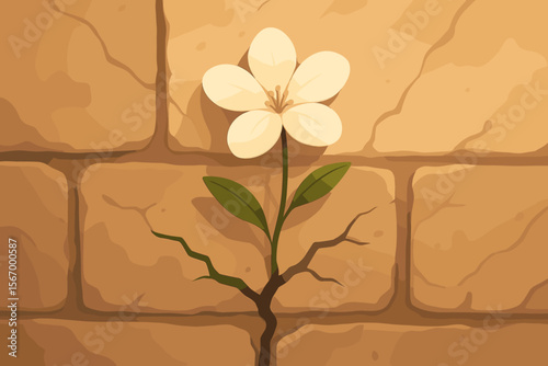 Resilient white flower blooming through cracked stone wall, symbol of hope, perseverance, growth, overcoming adversity, nature conquers obstacles, warm tones, modern flat vector illustration
