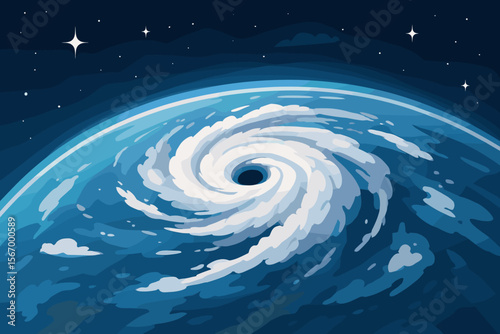 Powerful hurricane cyclone storm system seen from space above blue planet Earth, swirling clouds, night sky, meteorology, weather disaster, satellite view, modern flat vector cartoon illustration