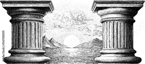 Doric columns framing sunrise over mountain landscape with hand drawn vintage style
