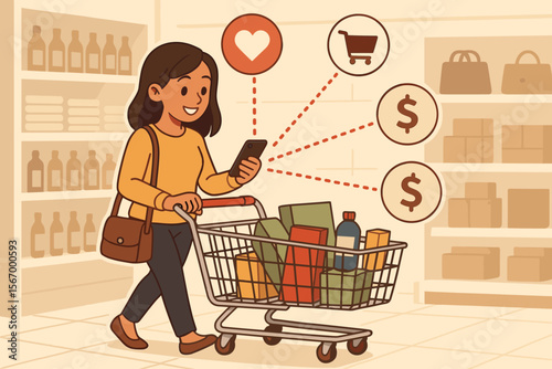 Happy customer shopping in retail store with cart, using smartphone for personalized marketing, targeted offers, mobile app discounts, digital loyalty, price comparison, modern consumer behavior