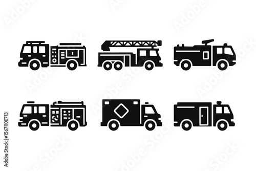 Firefighting vehicles silhouette icons: set of six emergency response symbols