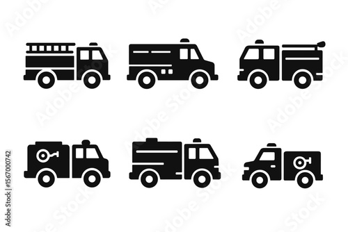 Set of six fire truck icons in silhouette style
