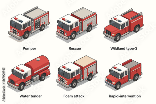 Isometric illustration of fire truck types: pumper, rescue, wildland, water tender, foam, rapid intervention