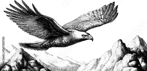 Majestic eagle gliding over rocky peaks with prey in claws - vintage silhouette art