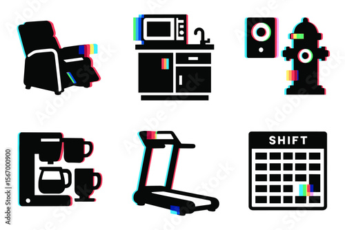 Glitch icons: recliner, microwave, fire hydrant, coffee maker, treadmill, shift calendar