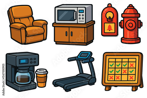 Cartoon household and fitness objects: recliner, microwave, fire hydrant, coffee maker, treadmill, planner