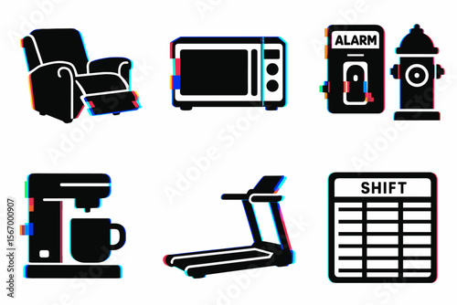 Home and fitness icons: recliner, microwave, alarm, fire hydrant, coffee maker, treadmill, schedule