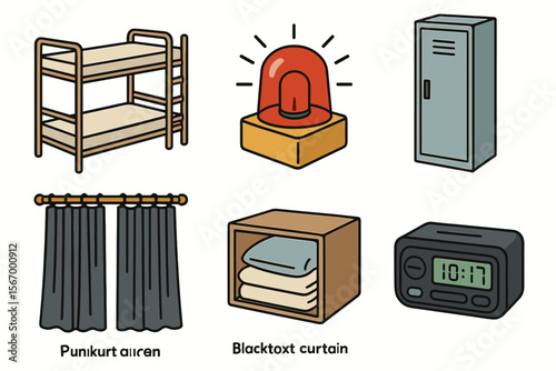 Dorm room essentials illustration: bunk bed, locker, alarm clock, curtains