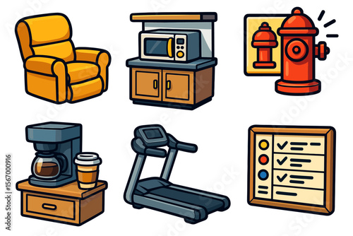 Collection of household items: armchair, microwave, fire hydrant, coffee maker, treadmill, checklist