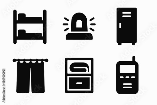 Black icons: bunk bed, alarm, locker, curtains, towel rack, radio