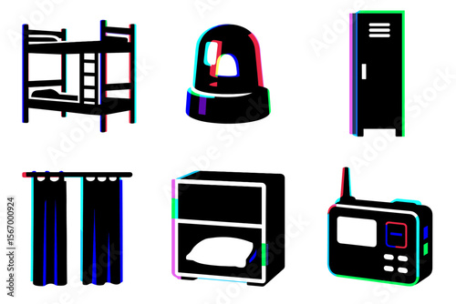 Dorm room essentials: bunk bed, alarm, locker, radio, curtains, nightstand