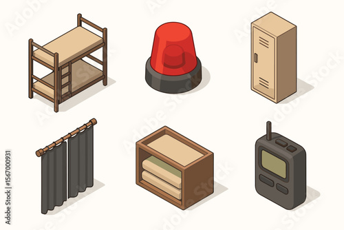 Isometric objects set: bunk bed, alarm light, locker, curtain, shelf, walkie-talkie