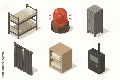 Isometric icons of bunk bed, alarm, locker, curtains, shelf, radio