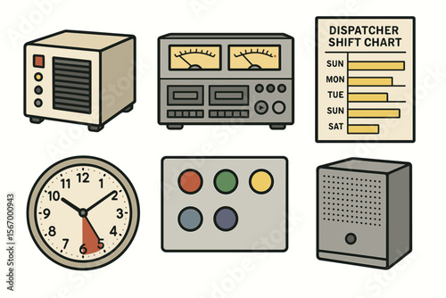 Retro office equipment collection with clock and dispatcher chart illustration
