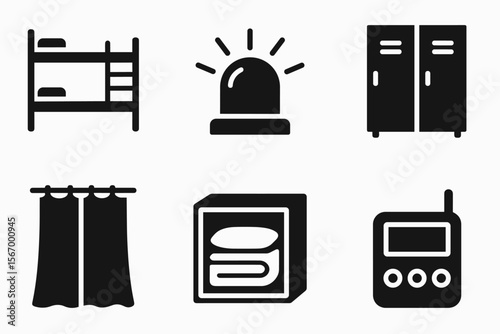 Black and white icons of bunk bed, alarm, lockers, curtains, towels, intercom