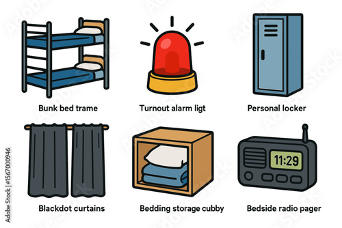Fire station essentials: bunk bed, alarm light, locker, curtains, bedding, pager