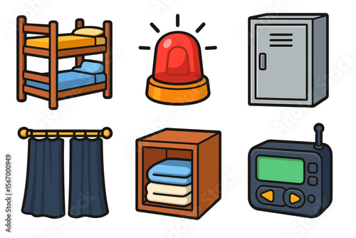 Cartoon hostel essentials bunk bed locker curtain alarm pager storage