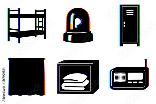 Minimalist icons: bunk bed, siren, locker, curtain, laundry, and radio