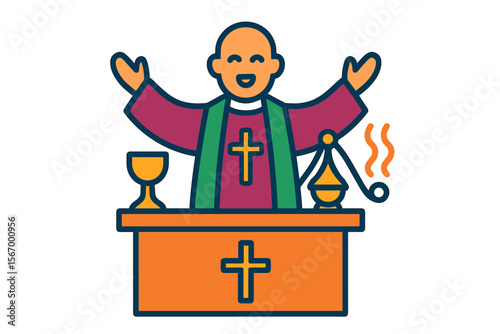 Cartoon priest character at altar with eucharist symbols
