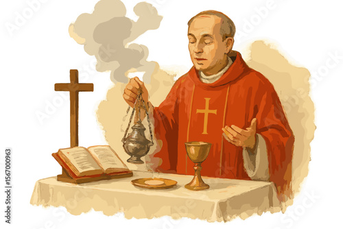 Caucasian male priest in red vestment performing catholic mass ritual