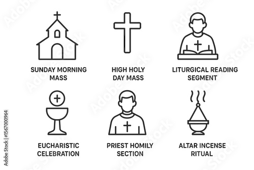 Christian mass icons: church, cross, priest, eucharist, incense
