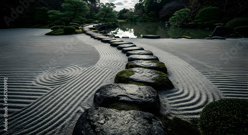 Zen garden path and water features