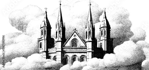 Fantasy cathedral with spires piercing clouds surreal scene