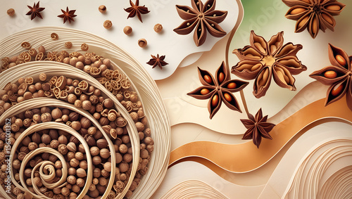 Indian spices.     Elegant abstract arrangement of spices including star anise and other elements on a textured background