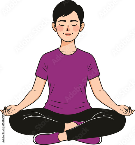 Young boy meditating in easy yoga pose peaceful mind