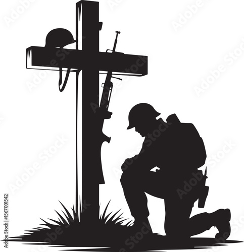 Silhouette of soldier kneeling in prayer at a cross, somber remembrance.