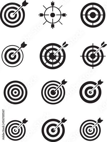 Collection of black silhouette target and bullseye icons with arrows for success