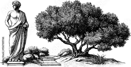 Classical herm statue and olive grove scene for historical art design