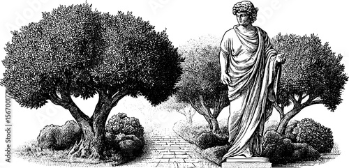 Vintage herm statue in olive grove pathway - hand drawn silhouette for artistic design