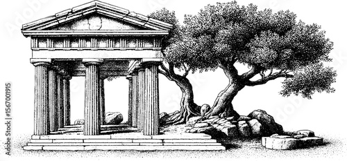 Ancient ionic temple ruins with fallen columns and olive tree – vintage hand drawn engraving
