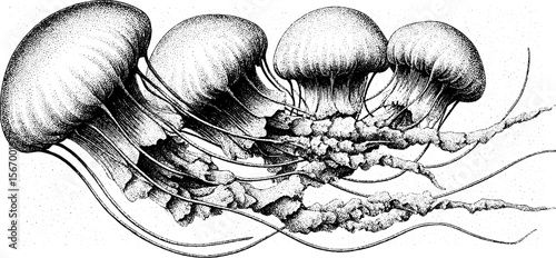 Vintage engraving of jellyfish floating in twilight zone silhouette