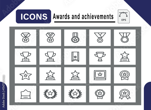 Award Winning Icons Achievement & Success Medal, Trophy, Star & Laurel Wreath Vector EPS Graphics