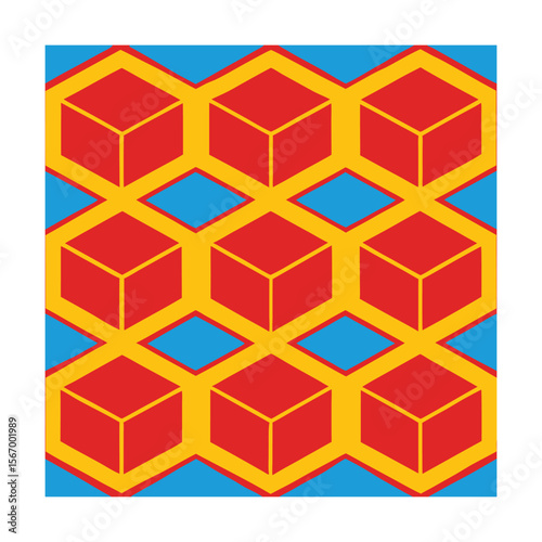 Geometric pattern with red cubes yellow lines blue diamond shapes on a vector