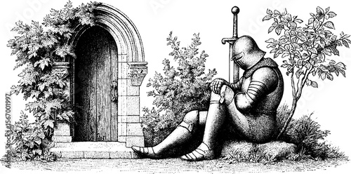 Medieval knight in chainmail resting with sword by a wooden door