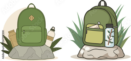 Vector set of stylized flat vector of a green eco-friendly backpack standing on a rock with reusable water bottle and cloth napkin partially visible. 