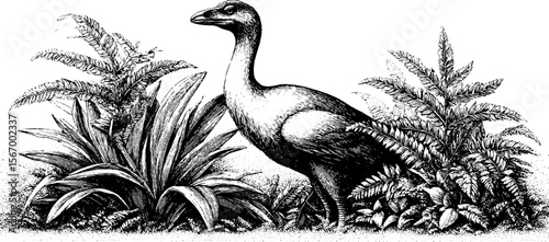 Moa in ferns amid morning mist vintage engraving illustration