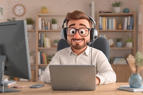 3D cartoon male employee in business casual outfit sitting in a video call, headset on, laptop open in home office