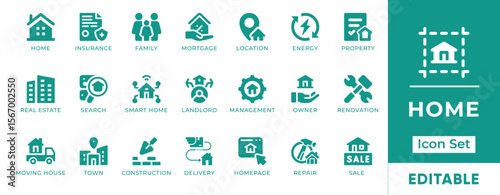 Home Icon Set. Includes icons of houses, rooms, interiors, furniture, family living, and real estate. Perfect for housing apps, property listings, and lifestyle design.
