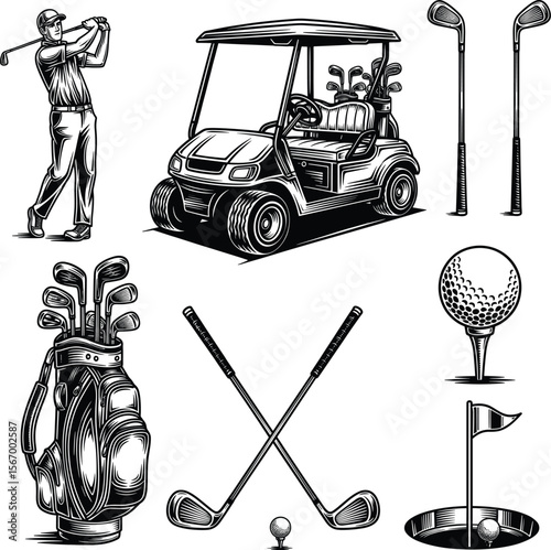 Set of essential golf equipment: includes golf cart, golf ball, golf bag, golfer, and accessories vector illustration isolated on white background.
