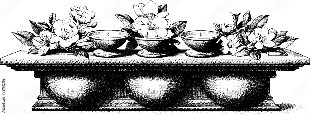 Fototapeta premium Vintage shrine offering with bowls, candles, and flowers - hand drawn design for decor