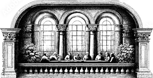 Renaissance musicians performing madrigal in historic hall - vintage sketch illustration