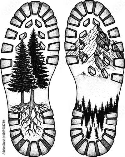 Hiking boot outsole print design vector illustration for t-shirt, Hiker boot print with mountain, tree and nature theme. Hiking boot print with landscape, hike t-shirt for outdoor adventure lovers.