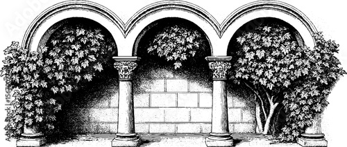 Renaissance courtyard with stone arches and classical columns for heritage design