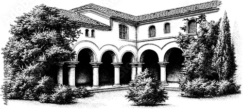 Renaissance courtyard with stone arches and lush foliage for architectural design